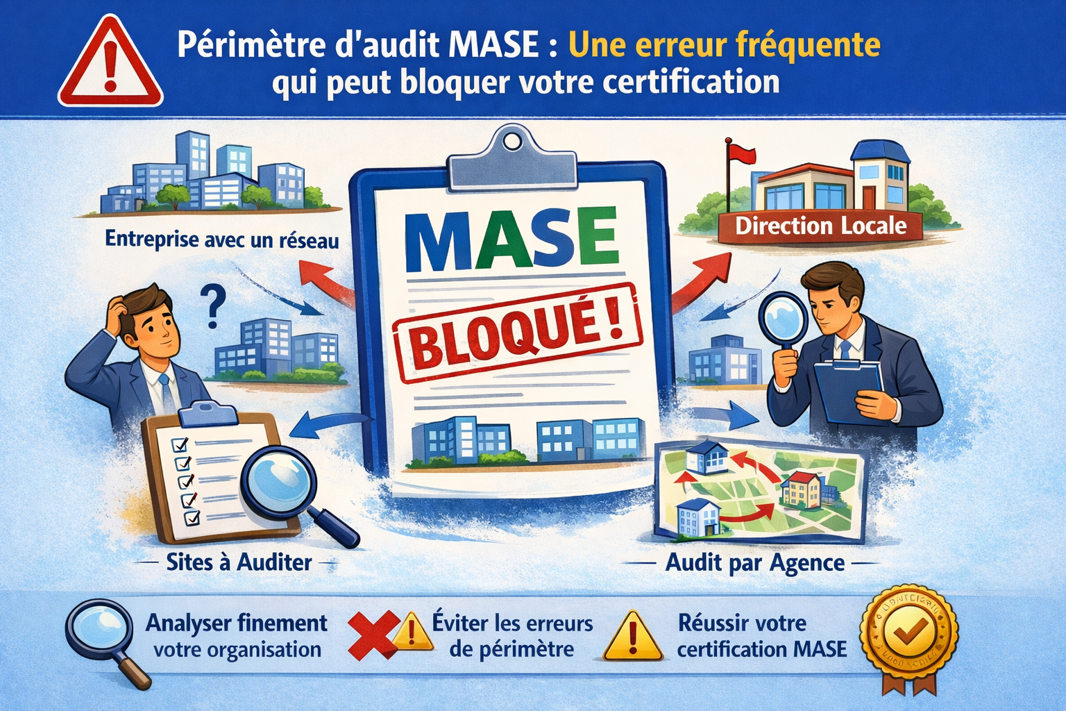 Veiller à votre organisation d'entreprise pour que le périmètre de certification soit conforme au processus de certification MASE. FLUIDPILOT cabinet d'audit agréé par l'association MASE vous y aide et sécurise le processus de certification.